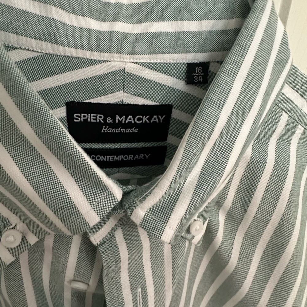 Spier & Mackay Green Striped Oxford Men's Dress Shirt Contemporary 16 34